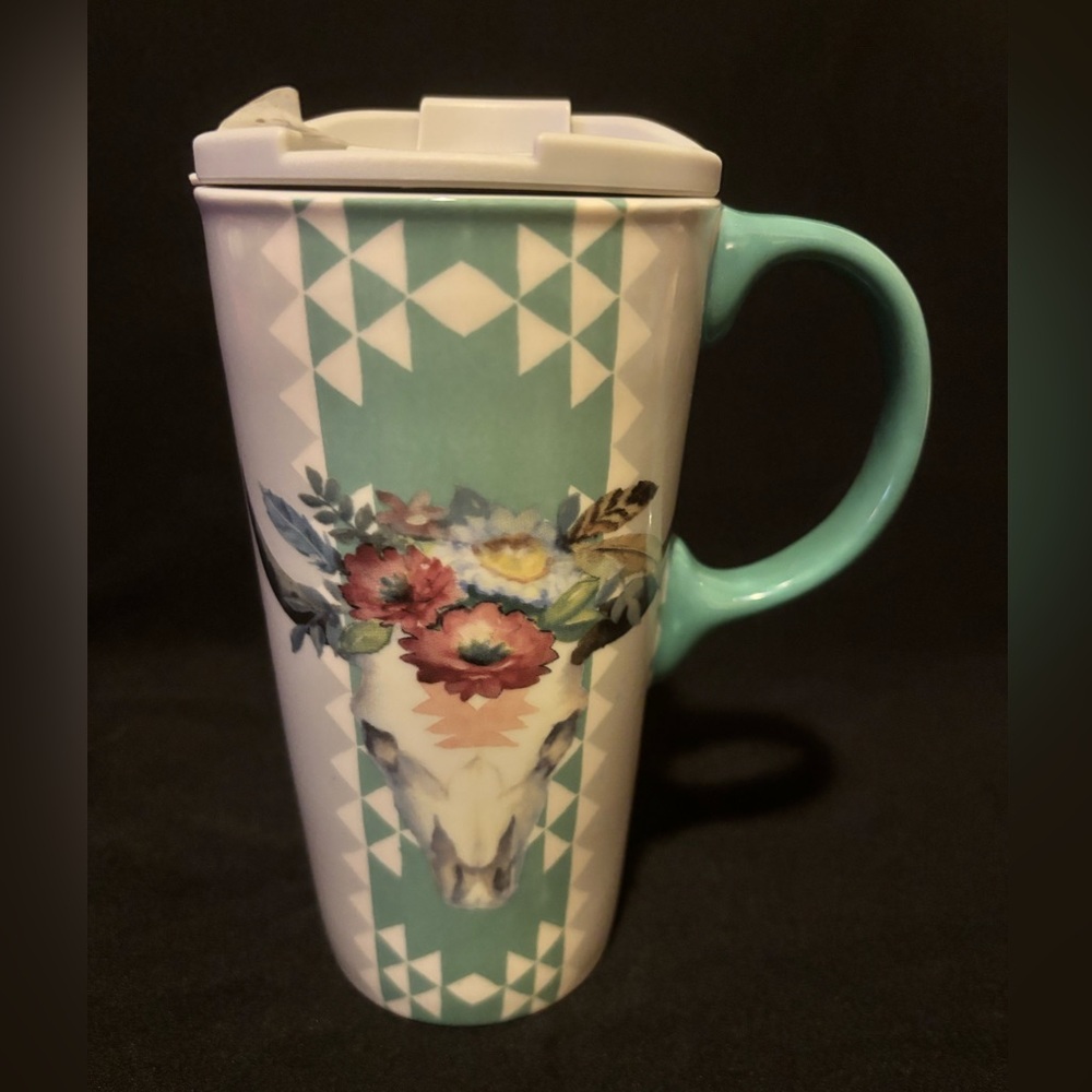 Floral Skull Travel Mug - Teal and White